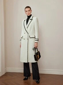 MOTF PREMIUM WOOL CONTRAST PIPING PEAK COLLAR FLAP DETAIL PEA OVERCOAT - Beige - View 2