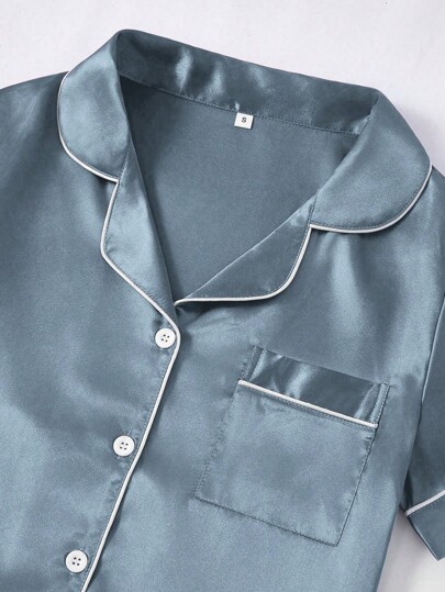 LuxeNights Ladies' Contrast Solid Faux Zijden Lapel Pajama Set view 5