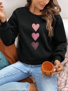 EMERY ROSE Casual Simple Pink Heart Print Pattern Round Neck Loose Fit Long Sleeve Women Sweatshirt - Black - View 1