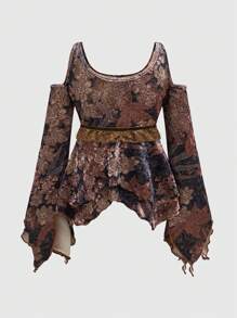 ROMWE Hippie Hippie Leaf Print Off Shoulder Blouse For Women