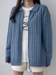 DAZY Women's Loose Fit Turndown Collar Cable Cable Zip-Up Cardigan