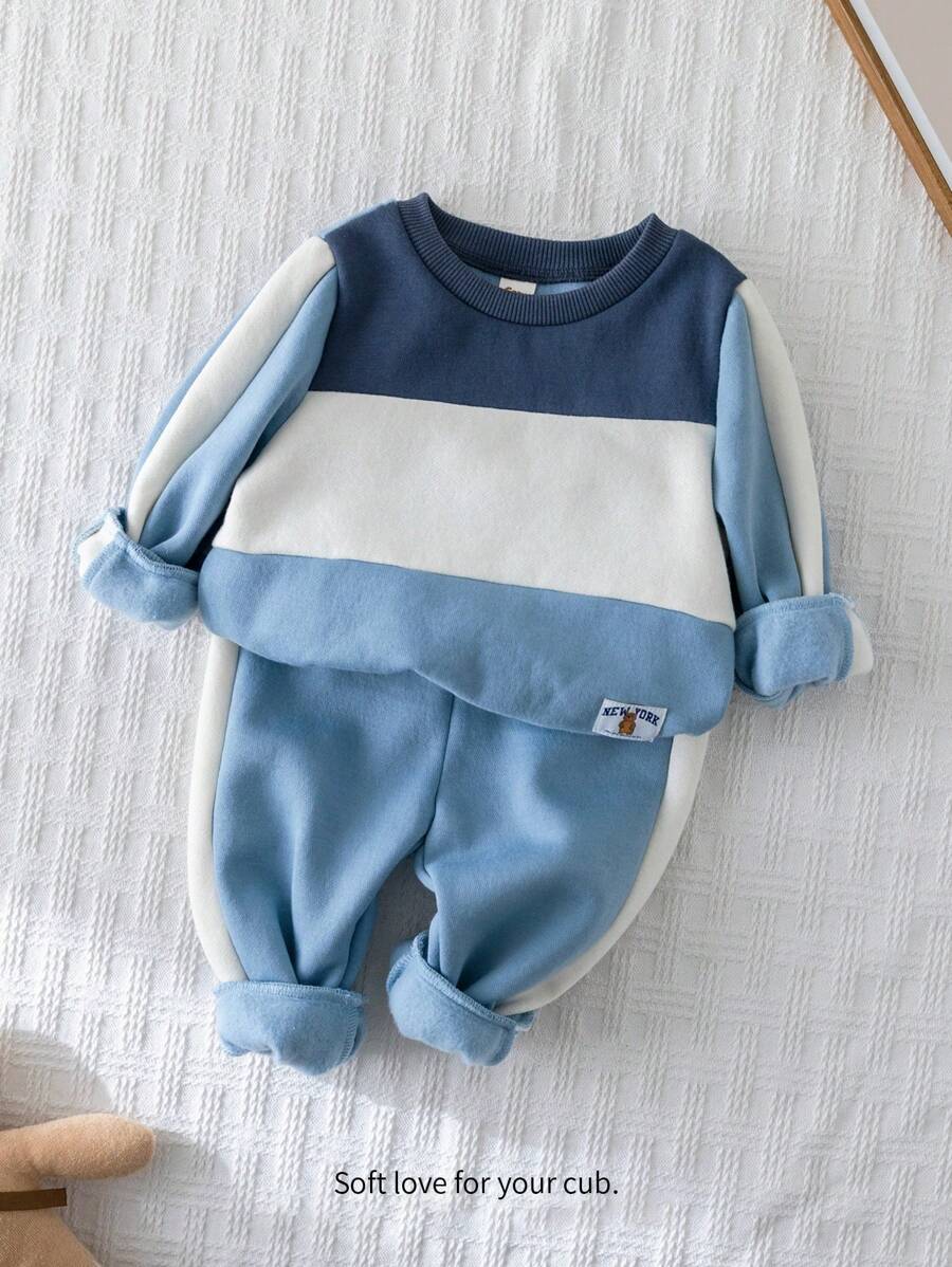Cozy Pixies 男婴 2 件套撞色针织柔软圆领运动衫和慢跑裤服装套装 - 藍色 - 查看 1