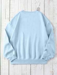 SHEIN EZwear Áo nỉ dài tay cổ tròn in chữ rộng rãi, dáng rộng, cổ trễ vai, size lớn cho nữ, mùa thu/đông - Màu xanh lam - Xem 3