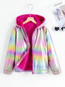 SHEIN Tween Girl 休闲连帽夹克，彩色面料，保暖内衬，秋冬 - 紫色 - 查看 1