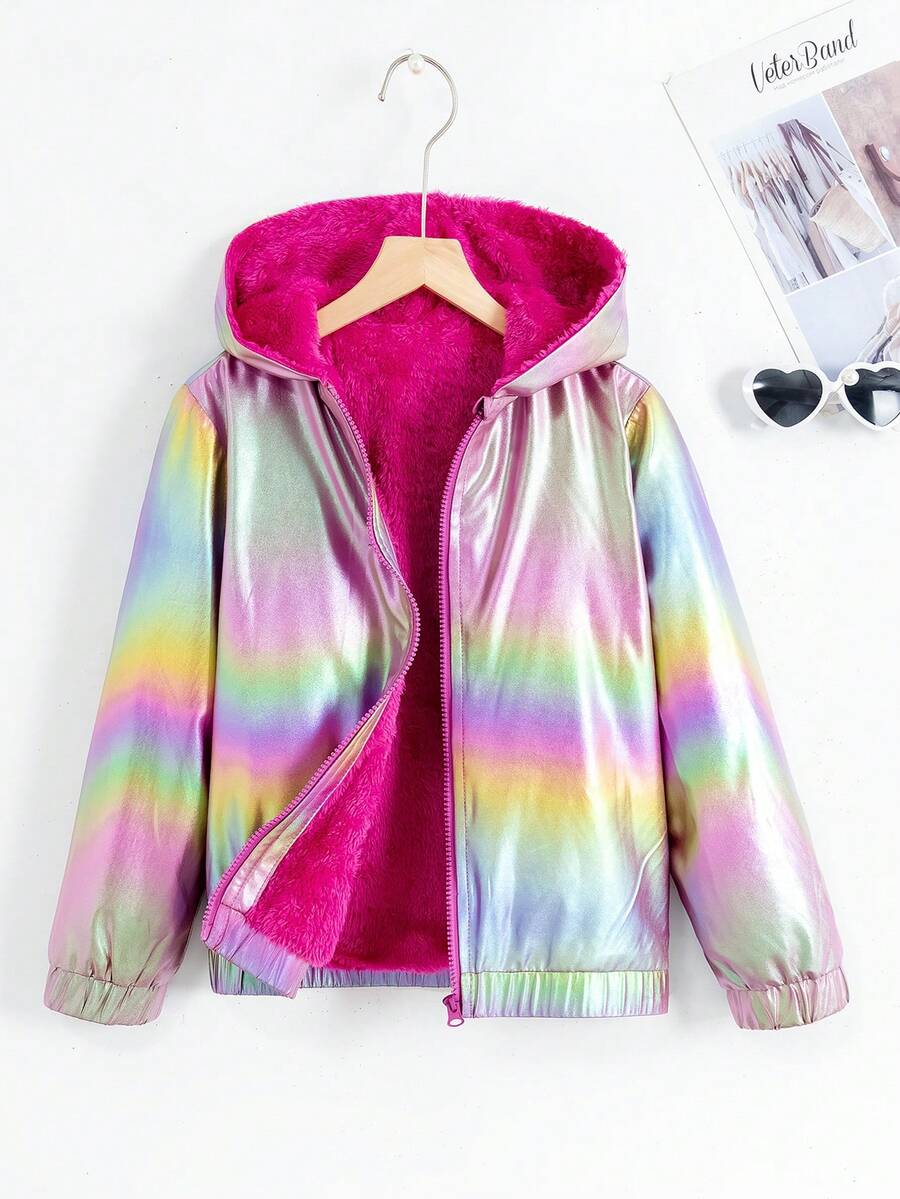 SHEIN Tween Girl 休闲连帽夹克，彩色面料，保暖内衬，秋冬 - 紫色 - 查看 1