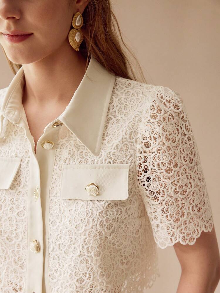 GUIPURE LACE FLAP DETAIL BLOUSE