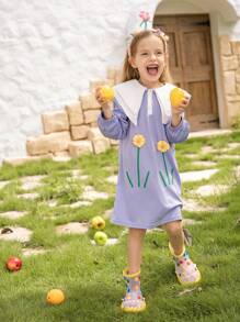 Robe à manches longues avec col brodé de fleurs mignonne pour jeune fille, style élégant et doux, automne hiver - Prune - Voir 6