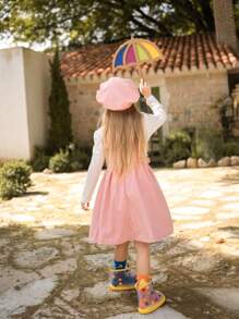 SHEIN 3pcs/Set Young Girls Textured Long Sleeve T-Shirt, Floral Jumper Dress With Suspender And Hat - Pink - View 2