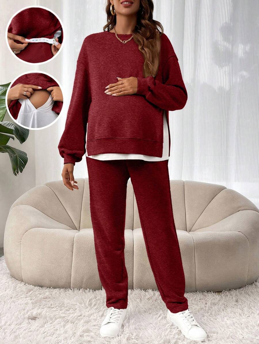 SHEIN 2 件套孕妇简约圆领长袖上衣和裤子套装 - 乾枯玫瑰色 - 查看 1