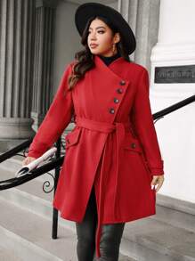SHEIN Unity 大码女式冬季纯色单排扣长袖口袋优雅大衣 - 紅色 - 查看 8