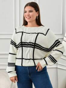 RueChic Plus Relaxed Fit Checked And Cable Knit Designed Sweater - Black and White - View 5