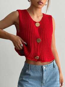 Flirla 正面纽扣、无袖、时尚、百搭、简约针织上衣 - 紅色 - 查看 5