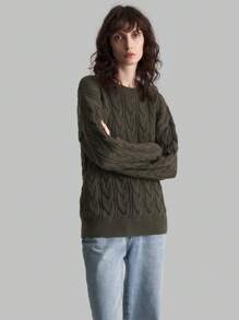 Ontre Jersey de cuello redondo de punto trenzado de color verde oliva para mujer, uniforme escolar de otoño/invierno - Verde Oliva - Ver 5