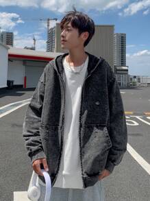 Manfinity Hypemode Áo khoác denim trùm đầu bằng vải nỉ màu xám dành cho nam - Màu xám đen - Xem 4