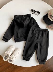 SHEIN 2 件套男婴纯色保暖内衬休闲连帽上衣和松紧腰裤套装，适合秋冬季 - 黑色 - 查看 2