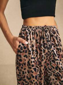 Poéselle Pantalones casuales de mujer con estampado de leopardo y anudado delantero, pantalones palazzo