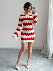 Chiquease Women's Wavy Stripe Backless Tie-Up Long Sleeve Crop Knitted Sweater Dress, Fall/Winter