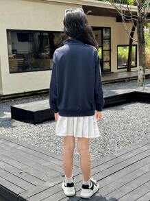 SHEIN Tween 女童海军蓝色半拉链运动衫，罗纹袖口和宽松白色 A 字裙两件套 - 藏蓝色 - 查看 2