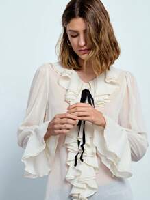 Maija Blusa elegante feminina de verão com patchwork e babados - Branco - Ver 7