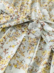 SHEIN LUNE Plus Size V-Neck Floral Print Waist Tie Dress, Graceful And Elegant - Yellow - View 4