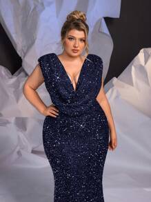 Glamrae Plus Size Elegant Women Deep V-Neck Rhinestone Chain Champagne Mermaid Evening Dress,Formal Prom Gown,Wedding Guest,Navy Blue,Spring,Party,Prom - Navy Blue - View 1