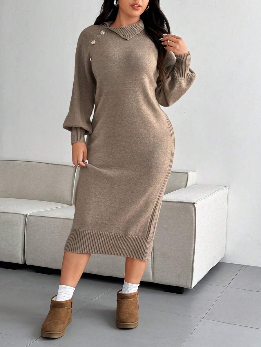 Flirla Plus Size Stylish Minimalist Button Decor Sweater Dress, For Winter - Khaki - View 1