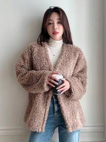 DAZY 女士V领羊毛加厚外套，新款秋季设计，秋季女装外套 - 棕色 - 查看 6