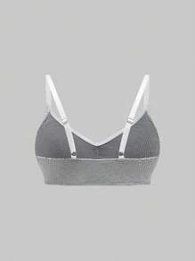 ROMWE Kawaii Plus Size Ribbed Comfortable Wireless Bra And Panty Set With Bow Accent - Grey - View 8