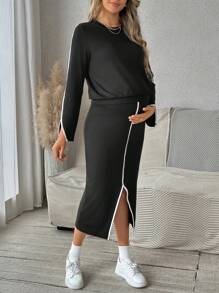 SHEIN 2 Stücke Set aus Umstandsmode mit Rundhalsausschnitt Langarmshirt und Rock mit Schlitzdetail am Saum, für Frühling & Herbst - Schwarz - Übersicht 1