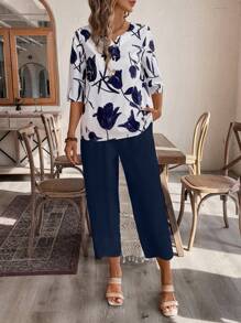 EMERY ROSE Conjunto de camisa y pantalones de longitud hasta el tobillo con estampado floral para mujer
