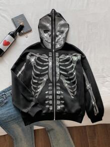 SHEIN EZwear Women's Loose Hooded Zip-Up Long Sleeve Rhinestone Skeleton Pattern Sweatshirt, Spring/Fall - Black - View 4