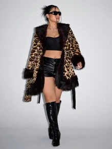 SHEIN ICON 大码豹纹蓬松领长袖休闲外套