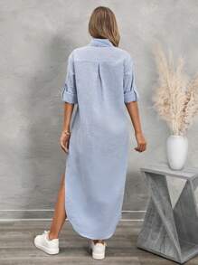 SHEIN LUNE Women's Striped Button-Front Asymmetrical Hem Casual Midi Dress - Blue and White - View 2