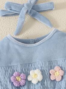Infant Girls' Blue Floral Pattern Knitted Bodysuit, Autumn/Winter - Blue - View 4