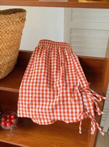 Comfortcana Plus Size Pink Plaid Bow Decor Casual Shorts, Suitable For Spring/Summer - Orange - View 4