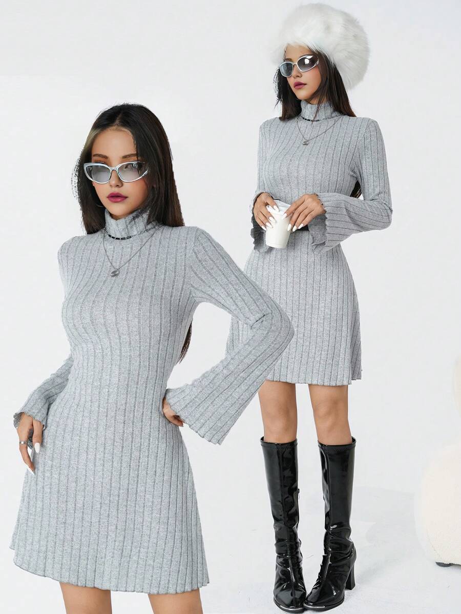 Y2K 风格少女 2024 秋冬罗纹高领喇叭袖休闲束腰连衣裙，适合返校季穿着 - 淺灰色 - 查看 1