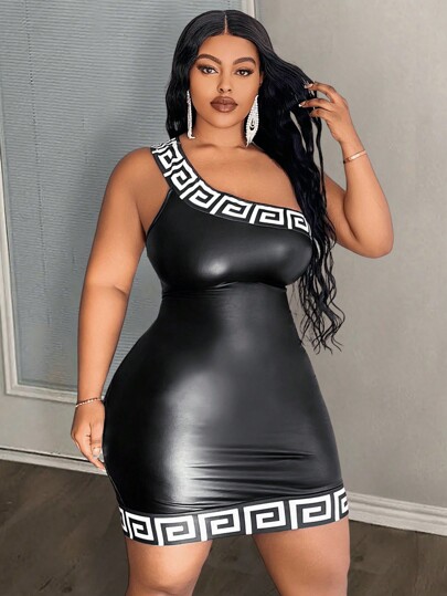 Slaydiva Vestido elástico de punto negro de un hombro con patrón geométrico elegante para mujer, elástico