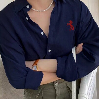 여성용 캐주얼 데일리 휴가용 다용도 자수 말 셔츠, 긴팔 탑