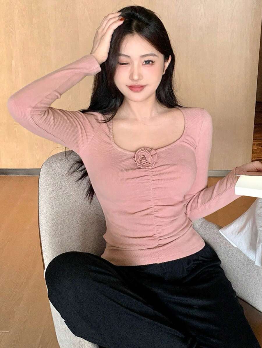 DAZY Lace Decorated Ruched Design Ribbed Knit Slim Fit Pajama Top Fall,Winter - Pink - View 1