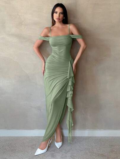 SHEIN Tall Women's Sexy And Sweet Solid Color Swing Collar Float Sleeves Pleated Ruffle Hem High Slits Suspender Women's Dress,Sage Green Dress