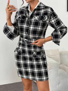 Chiquease 2pcs Women's Front Button Long Sleeve Faux Pocket Plaid Top And Mini Skirt Set - Black - View 1