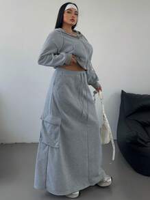 时尚休闲运动美式复古性感拉链夹克和长裙套装 - 灰色 - 查看 6