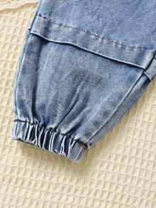 Bộ 2 món/Bộ áo thun in chữ và ngôi sao màu trắng thường ngày cho bé gái và quần denim xanh giặt, Bộ thu đông - trắng - Xem 6