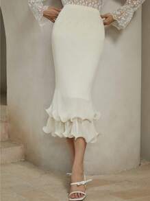 Anewsta Falda ajustada con textura y volantes elegantes en el bajo - Champán - Ver 3