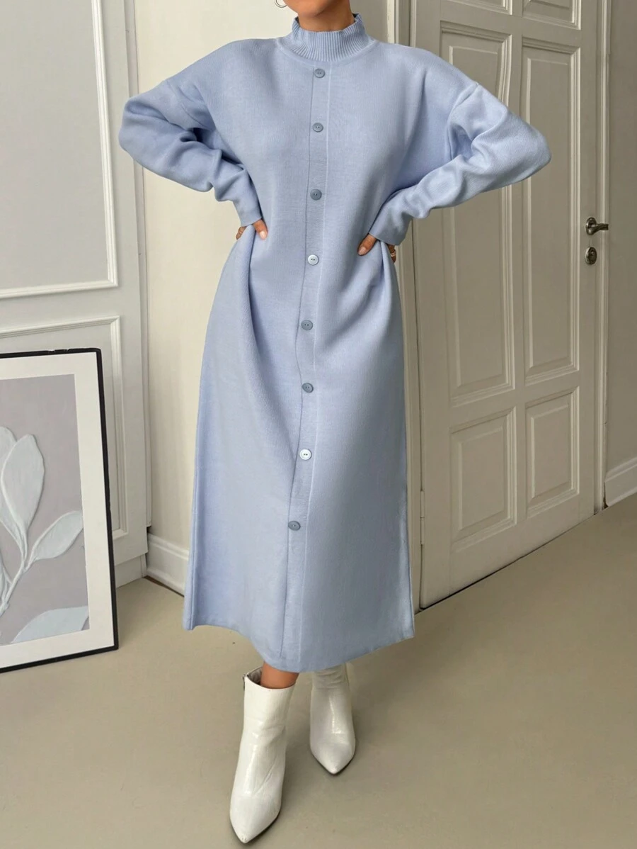 EURMUSE Đầm Maxi Cổ Lọt Khe Vai Thả Quá Khổ Thanh Lịch Có Nút - Màu xanh nhạt - Xem 1