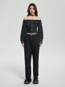 SHEIN Explorewe 2pcs Vintage Streetwear Teen Girls Set: Denim Off-Shoulder Crop Top & All-Match Loose Straight Leg Jeans - Black - View 7