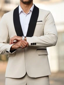 Manfinity Mode Men's Color Block Lapel Long Sleeve Single-Breasted Suit Jacket And Pants Business Casual Outfit, Spring Autumn