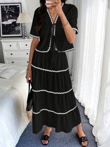 Calvaya 2 piezas Conjunto de blusa y falda con mangas cortas, decorado con adornos florales, elegante para mujeres