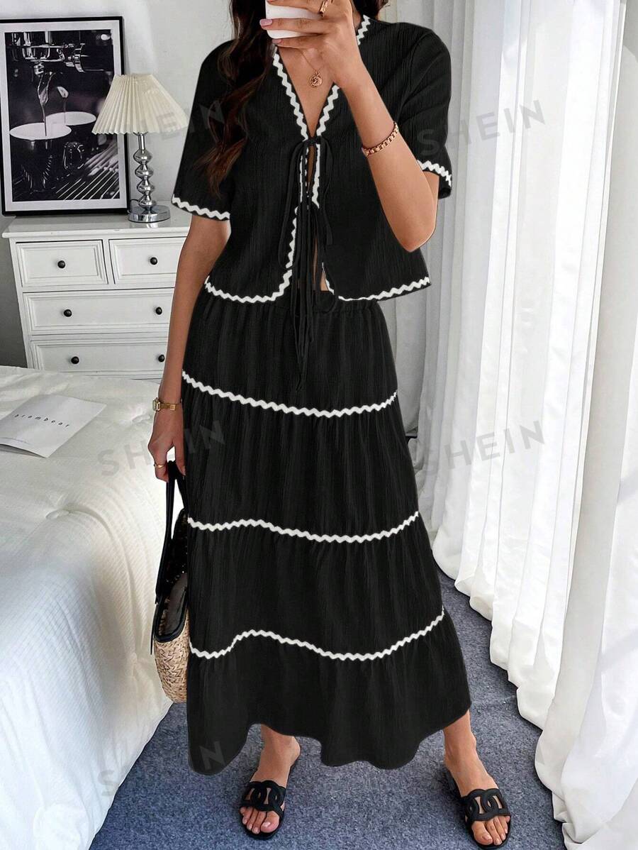 Calvaya 2 piezas Conjunto de blusa y falda con mangas cortas, decorado con adornos florales, elegante para mujeres