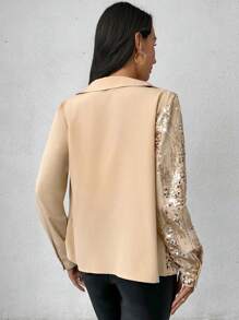 SHEIN Privé Women's Elegant Office Party Club Sparkly Sequin Contrast Button Long Sleeve Shirt